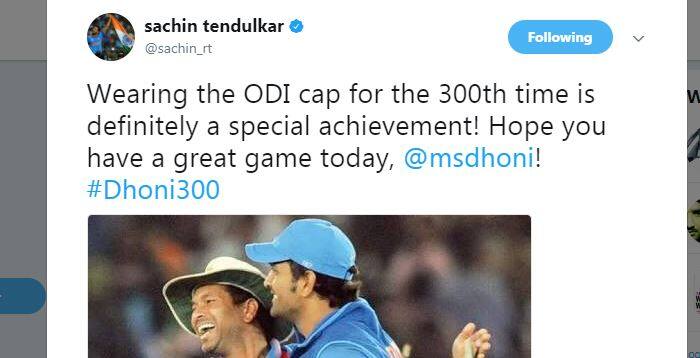 तेंदुलकर ने ट्वीट किया, ‘‘300वीं बार वनडे कैप पहनना वास्तव में विशेष उपलब्धि है. उम्मीद है कि आज के मैच में आप खास प्रदर्शन करोगे. @एमएसधोनी.’’ धोनी के साथी और मध्यक्रम के बल्लेबाज सुरेश रैना ने भी उन्हें बधाई दी.