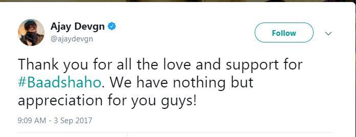 अजय देवगन ने कल सोशल मीडिया के जरिए फैंस को शुक्रिया भी कहा है. अजय ने ट्विटर पर कल लिखा- बादशाहों को आप लोगों ने जो प्यार और सपोर्ट दिया है उसके लिए शुक्रिया. आप लोगों की तारीफ करने के अलावा हमारे पास देने के लिए कुछ और नहीं है.