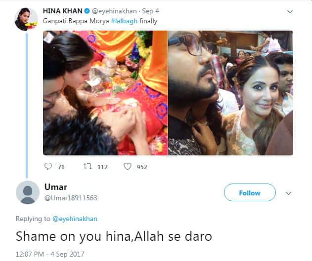 हिना के लालबागचा राजा के दर्शन करने पहुंचने पर एक यूजर ने लिखा है, 'अल्लाह से डरो.'