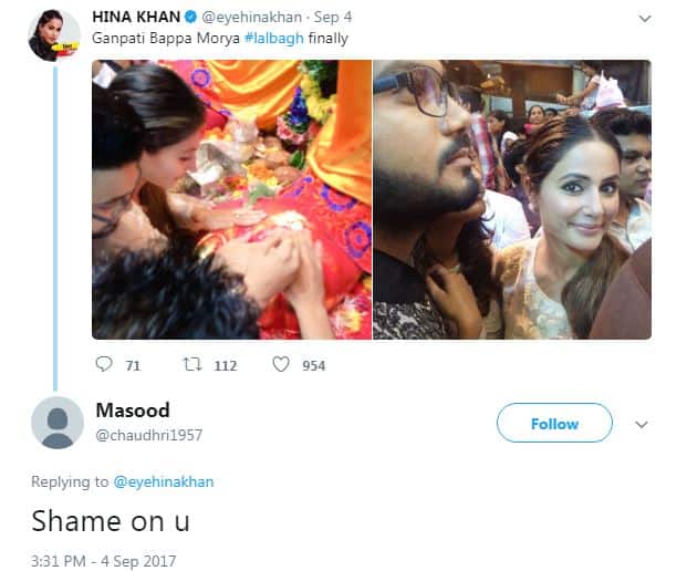  एक यूजर ने हिना खान की तस्वीर पर ट्वीट करते हुए लिखा है, 'शेम ऑन यू.'