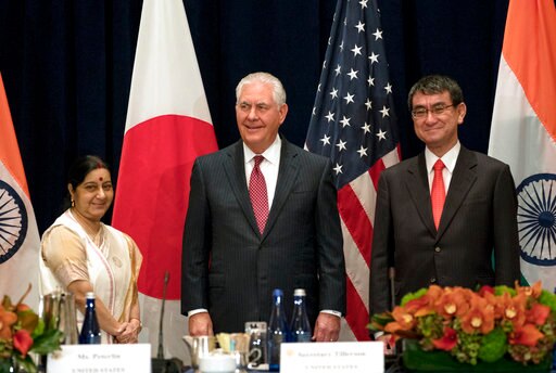 Foreign Minister Sushma Swaraj Holds Dialogue With The Counterparts Of The Us Japan सुषमा ने यूएस, जापान के अपने समकक्षों के साथ त्रिपक्षीय बातचीत की
