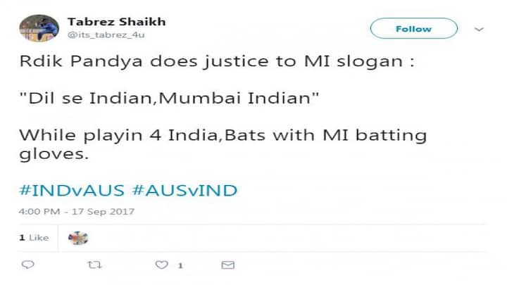 तबरेज़ शेख नाम के यूज़र ने लिखा, 'हार्दिक पांड्या मुंबई इंडियंस के स्लोगन के साथ पूरा इंसाफ कर रहे हैं, 'दिल से इंडियन, मुंबई इंडियन.' भारत के लिए खेलते हुए भी मुंबई इंडियंस के ग्लव्स पहन रखे हैं.'