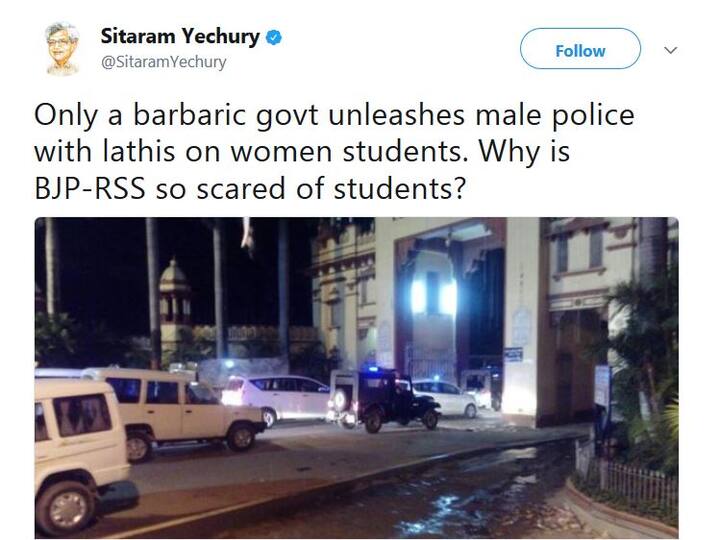 सीताराम येचुरी ने ट्वीट किया, ‘‘सिर्फ एक बर्बर सरकार ही लाठियों से लैस पुरूष पुलिसकर्मियों का छात्राओं के खिलाफ इस्तेमाल करती है. भाजपा-आरएसएस विद्यार्थियों से इतने डरे हुए क्यों हैं?’’ 