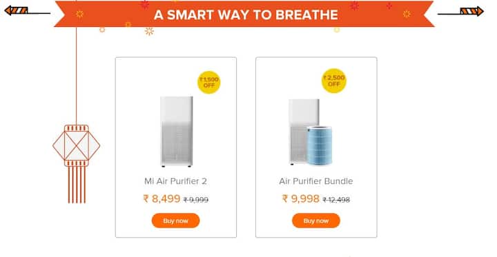  शाओमी के एयर प्यूरिफायर-2 को 9,999 रुपये की जगह 8,499 रुपये में खरीदा जा सकता है. जबकि एयर प्यूरिफायर बंडल 9,998 रुपये (एमआरीप 12,498 रुपये) में खरीदा जा सकता है.