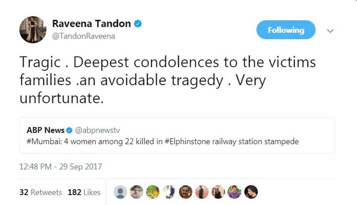 अभिनेत्री रवीना टंडन ने हादसे को दुखद बताया है.