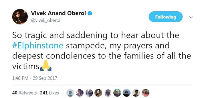भिनेता विवेक ओबेरॉय भी हादसे से काफी दुखी हैं. उन्होंने पीड़ितों के लिए दुआ की है.