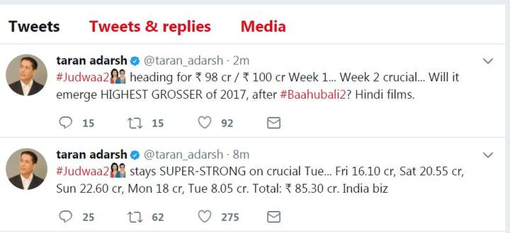 मार्केट एनालिस्ट तरण आदर्श ने सोशल मीडिया के जरिए इस फिल्म के कमाई की जानकारी दी है. इस फिल्म ने पहले दिन 16.10 करोड़, दूसरे दिन 20.55 करोड़, तीसरे दिन 22.60 करोड़, चौथे दिन सोमवार को 18 करोड़ और पांचवे दिन मंगलवार को 8.05 करोड़ की कमाई की. ये फिल्म अब तक कुल 85.30 करोड़ की कमाई कर चुकी है.