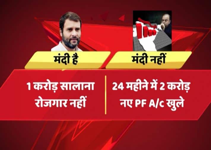 सबसे पहले आपको बताते हैं कांग्रेस उपाध्यक्ष राहुल गांधी और पीएम मोदी के बयान की तुलना. राहुल गांधी ने कहा था कि देश में मंदी है और रोजगार नही हैं. इस पर पीएम मोदी ने कहा है कि 24 महीनों में दो करोड़ नए पीएम अकाउंट खुले है. मतलब रोजगार बढ़ा है.