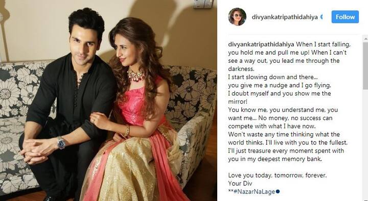 दिव्यांका ने तस्वीर शेयर करते हुए लिखा है, ''जब भी मैं गिरने लगती हूं, तुम मुझे संभाल लेते हो और दोबारा से मुझे स्टैंड करने में मदद करते हो.''