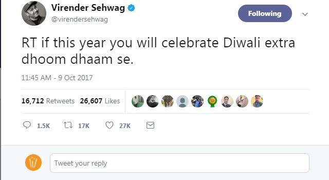 सहवाग के इस ट्वीट के बाद रीट्वीट की बाढ़ सी आ गई. इस ट्वीट के 22 घंटे के अंदर-अंदर इसे 17 हज़ार से अधिक लोगों ने रीट्वीट कर दिया है.