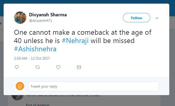 दिव्यांश नाम के यूज़र ने कहा, '40 की उम्र में वापसी कर पाना बेहद मुश्किल है, बशर्ते कि वो नेहरा जी हों.'