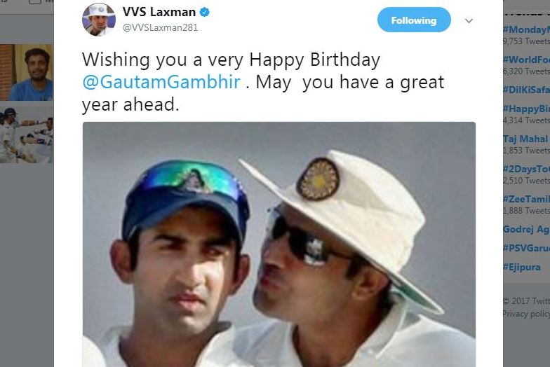 पहले लक्ष्मण ने लिखा, 'गौतम गंभीर आपको जन्मदिन की ढेर सारी शुभकामनाएं. उम्मीद है आने वाला वक्त आपके लिए ढेर सारी खुशियां लेकर आए.'