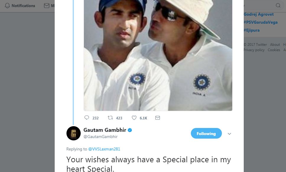 जिसके जवाब में गंभीर ने लक्ष्मण को लिखा, 'आपकी विशेज के लिए मेरे दिल में हमेशा खास जगह रहती है.'