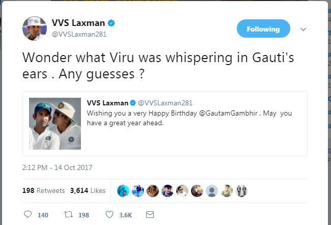 लेकिन इसके बाद वीवीएस ने एक और ट्वीट करते हुए लिखा, 'सोचिए, गंभीर के कान में वीरू क्या फुसफुसा रहे हैं, क्या कोई अंदाजा है.'