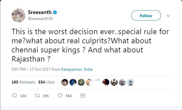श्रीसंत ने उच्च न्यायालय की खंडपीठ के फैसले के बाद अपने ट्विटर हैंडल पर लिखा, ‘‘यह अब तक का सबसे बदतर फैसला है... मेरे लिए विशेष नियम, असली गुनहगारों का क्या. चेन्नई सुपरकिंग्स का क्या हुआ और राजस्थान रॉयल्स का.’’ श्रीसंत ने अपने प्रशंसकों को समर्थन के लिए धन्यवाद दिया और कहा कि वह अपनी लड़ाई जारी रखेंगे.