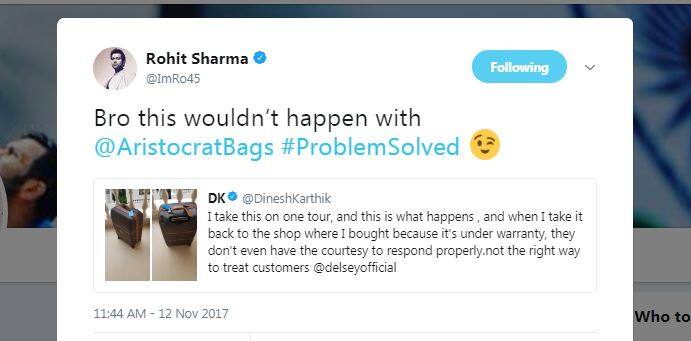रोहित ने कार्तिक को टैग करते हुए लिखा, 'ब्रो एरिस्टोक्रेट बैग्स के साथ ऐसा नहीं होता.'