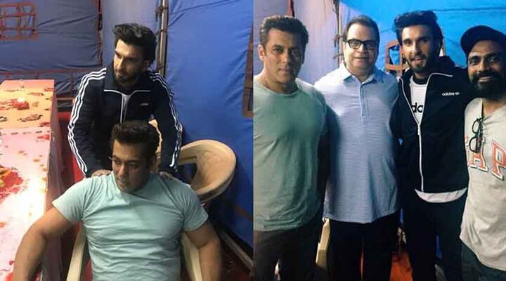 Padmavati actor Ranveer Singh busted Salman Khan’s stress on Race 3 sets, View Pics 'रेस 3' के सेट पर सलमान को हुई थकान तो रणवीर सिंह ने किया मसाज, देखें Pics
