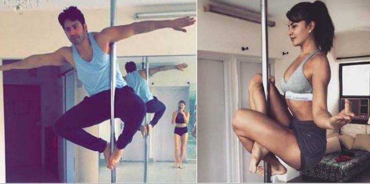 Jacqueline Fernandez challenges Judwaa 2 co-star Varun Dhawan to copy her yogini pose जैकलीन फर्नांडीज़ के बाद अब वरुण धवन ‘पोल’ पर दे रहे हैं पोज़, देखें तस्वीरें