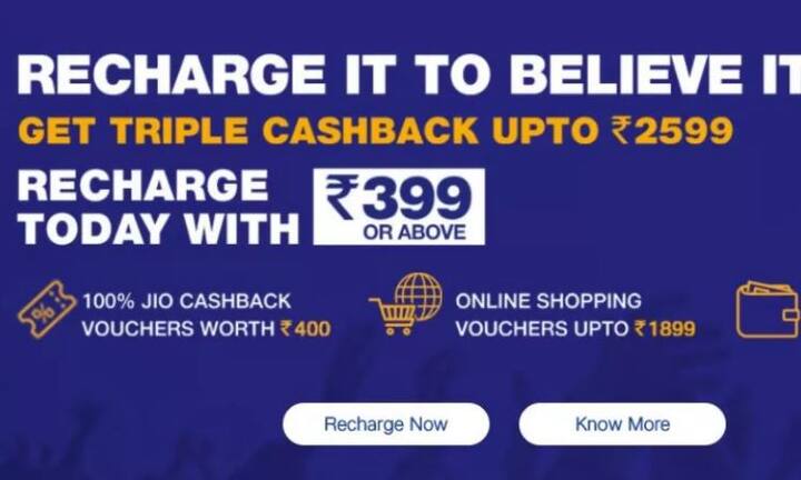 रिलायंस जियो के इस ऑफर में जियो प्राइम मेंबर को 25 नवंबर तक 399 या उससे ऊपर के रिचार्ज पर 2599 रुपये का कैशबैक मिलेगा. जैसा कि नाम से साफ है, जियो के इस ट्रिपल कैशबैक ऑफर में आपको तीन तरीके से कैशबैक मिलेगा. इस ऑफर को लेने के लिए कुछ बातों का खास ख्याल रखना होगा.