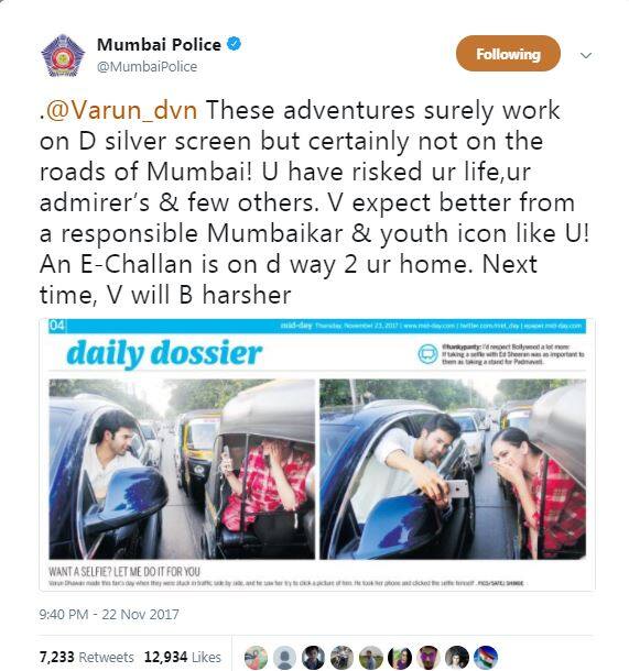 मुंबई पुलिस के आधिकारिक ट्विटर हैंडल पर एक अखबार के स्नैपशॉट्स साझा किए गए, जिसमें वरुण सड़क पर सेल्फी स्टंट करते नजर आ रहे हैं. इसमें अभिनेता कार की खिड़की से बाहर थोड़ा बाहर निकलकर ऑटो रिक्शा पर सवार अपनी एक महिला प्रशंसक के साथ सेल्फी लेते नजर आ रहे हैं.