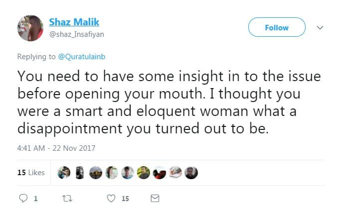 कुर्अतुल ऐन के इस ट्वीट के बाद पाकिस्तानी ट्विटराती अपने-अपने हिसाब से कुर्अतुल ऐन को जवाब देने लगे.