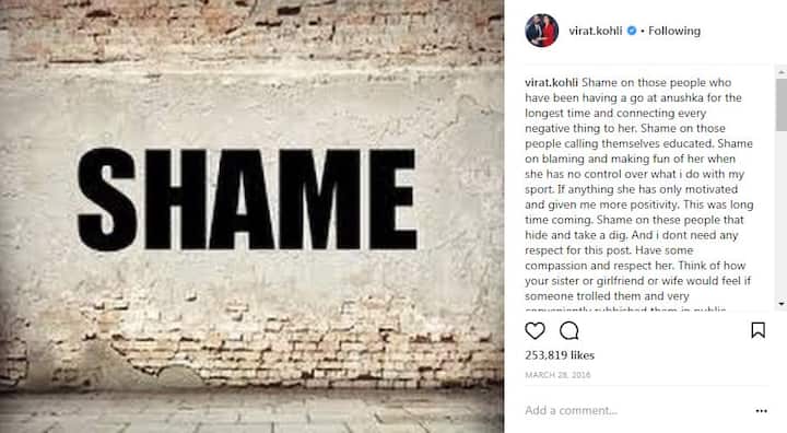 जैसा कि आप तस्वीर में देख सकते हैं, अनुष्का को ट्रोल करने को लेकर विराट ने सोशल मीडिया पर एक तस्वीर शेयर करते हुए लिखा कि अनुष्का को मेरे गेम के लिए जिम्मेदार ठहरना एक बेवकूफाना हरकत है. अनुष्का ने हमेशा मुझे बेहतर खेलने और एक बेहतर इंसान बनने के लिए प्रेरित किया है.