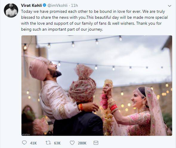 सबसे पहले बात करते हैं विराट कोहली के ट्वीट की. उनके शादी वाले ट्वीट को 280,000 लाइक्स, 63,000 रीट्वीट्स और 41,000 कमेंट्स मिले.