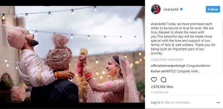 अब बात करते हैं तस्वीरों वाली सोशल मीडिया साइट इंस्टाग्राम की जहां ऐसे ही पोस्ट के लिए विराट को 2,911,555 लाइक्स मिल हैं.