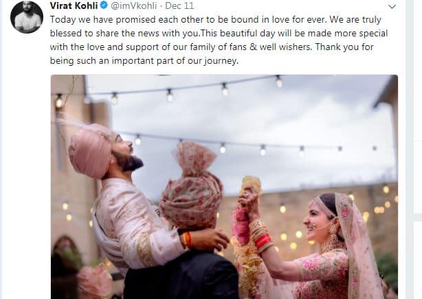 अपनी शादी की अधिकारिक पुष्टि करते हुए अनुष्का और विराट ने ट्विटर पर लिखा कि ''आज हमने एक दूसरे के साथ रहने की कसम खाई . इस खबर को आपके साथ शेयर करते हुए मुझे बेहद खुशी हो रही है. आपके प्यार ने हमारे इस सफर को और भी खास बना दिया है.''