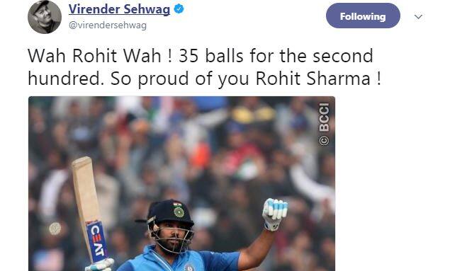 वीरेंदर सहवाग ने लिखा, ''वाह रोहित वाह! दोहरे शतक में दूसरे शतक के लिए महज़ 35 गेंदे, तुम पर गर्व है रोहित शर्मा!''