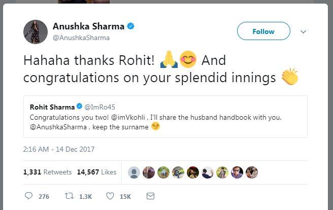 जिसके बाद बीते दिन अनुष्का ने रोहित को उनकी ऐतिहासिक पारी के लिए हंसते हुए थैंक्स कहा और लिखा, 'थैंक्स रोहित, और तुम्हारी बेमिसाल पारी के लिए बधाई.'