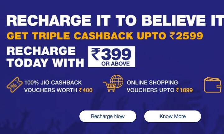 रिलायंस जियो के इस ऑफर में जियो प्राइम मेंबर को अब 15 दिसंबर तक 399 या उससे ऊपर के रिचार्ज पर 2599 रुपये का कैशबैक मिलेगा. जैसा कि नाम से साफ है, जियो के इस ट्रिपल कैशबैक ऑफर में आपको तीन तरीके से कैशबैक मिलेगा.