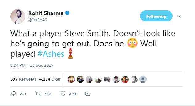 आपको बता दें कि रोहित शर्मा ने एक ताज़ा ट्वीट करके लिखा है कि स्टीव स्मिथ कितने शानदार खिलाड़ी हैं. देखने से ऐसा नहीं लगता कि वे आउट होने जा रहे हैं. वे आगे लिखते हैं कि क्या स्मिथ आउट होंगे? शर्मा ने उनके खेल को शानदार बताया है. 