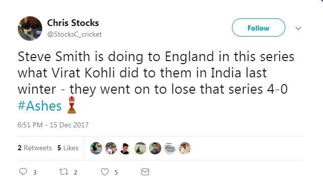 क्रिकेट पर लिखने वाले क्रिस स्टोक्स ने लिखा है कि स्टीव स्मिथ, इंग्लैंड के साथ वही कर रहे हैं जो पिछली सर्दियों में विराट कोहली ने इंग्लैंड के साथ किया था. 
