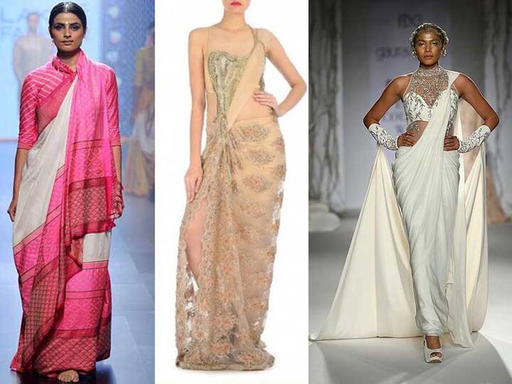 अलग-अलग स्टाइल में ड्रेप साड़ी- इस साल एक और साड़ी ट्रेंड देखने को मिला जिसमें साड़ी कोई भी हो लेकिन उसे डिफरेंट एंगल से पहना गया. लैक्मे फैशन वीक में इस साल कुछ अलग ही अंदाज में मॉडल्स साड़ी पहनें दिखीं जिसे लोगों ने भी अपनाया.
