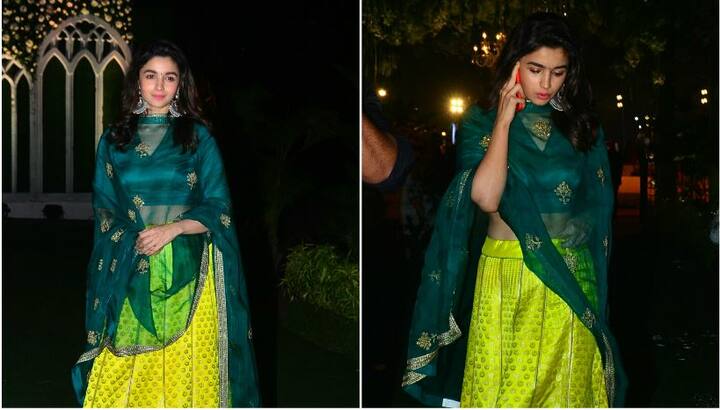 आलिया ने पीले और हरे रंग का लहंगा चोली पहना था. इस लहंगे को आलिया ने हैवी ईयररिंग्स के साथ टीमअप किया था. 