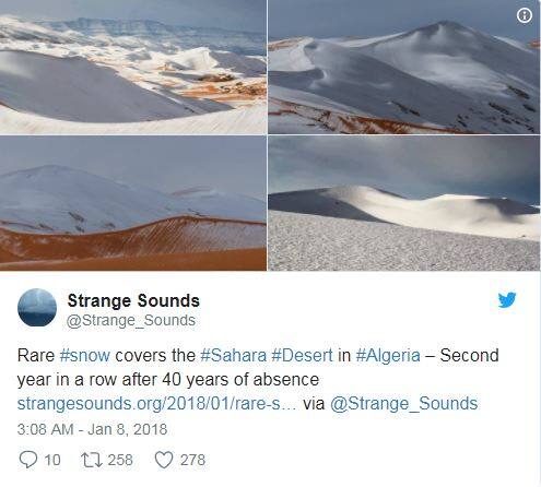 स्ट्रेंज साउंड नाम के हैंडल ने लिखा है- बर्फबारी ने सहारा के मरुस्थल को पाट दिया है. बीते दो सालों में लगातार ऐसा दो बार हुआ है.