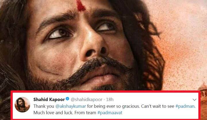 शाहिद कपूर ने लिखा- आपने जो शालीनता दिखाई है उसके लिए बहुत-बहुत धन्यवाद. हमें बेसब्री से पैडमैन का इंतजार है. पद्मावती की टीम की तरफ से बहुत सारा प्यार.