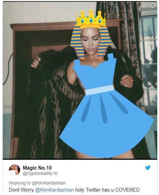 किम कर्दाशियां की इस न्यूड तस्वीर को ट्वीट करते हुए Magic No.10 नाम के एक यूजर ने लिखा- पवित्र ट्विटर आप को कपड़े पहना देगा.