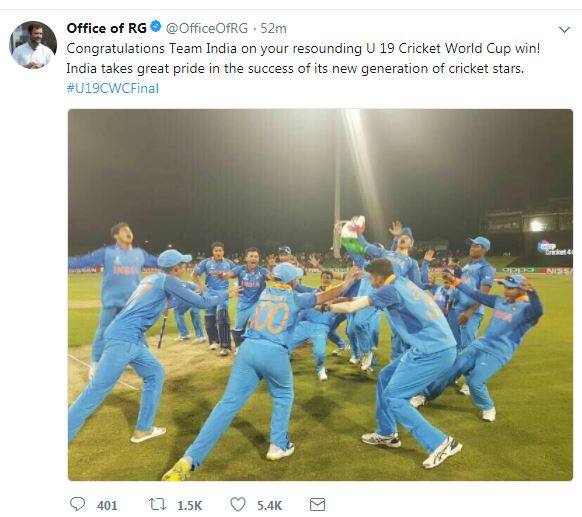 कांग्रेस अध्यक्षा राहुल गांधी ने टीम को जीत की बधाई देते हुए लिखा कि देश अपनी अगली पीढ़ी के क्रिकेट सितारों पर गर्व करता है.