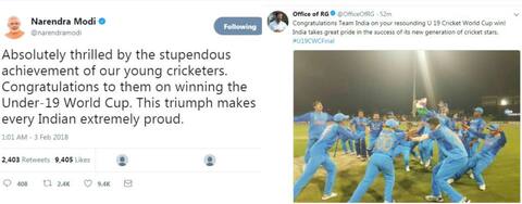 Under 19 World Cup Victory: पीएम मोदी से राहुल गांधी तक ने टीम को दी जीत की बधाई Under 19 World Cup Victory: पीएम मोदी से राहुल गांधी तक ने टीम को दी जीत की बधाई