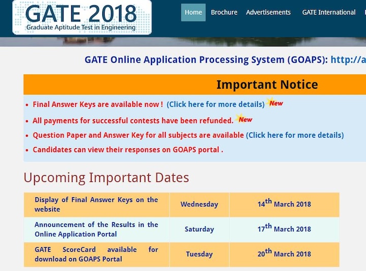 GATE 2018 Result: आज जारी होंगी फाइनल Answer keys, 17 मार्च को आएगा रिजल्ट Gate 2018 Final Answer Keys, Result and Scorecard Date GATE 2018 Result: आज जारी होंगी फाइनल Answer keys, 17 मार्च को आएगा रिजल्ट