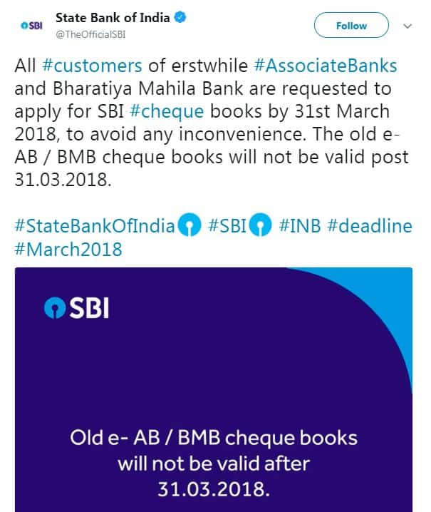 एसबीआई ने ट्वीट कर चेकबुक वैधता की जानकारी देते हुए कहा है कि ग्राहक नए चेकबुक का अनुरोध इंटरनेट बैंकिंग, मोबाइल बैंकिंग, एटीएम के जरिए और शाखाओं में जाकर भी कर सकते हैं. बैंक ने कहा है कि असुविधा से बचने के लिए ग्राहक 31 मार्च 2018 से पहले नए चेकबुक इश्यू करा लें.