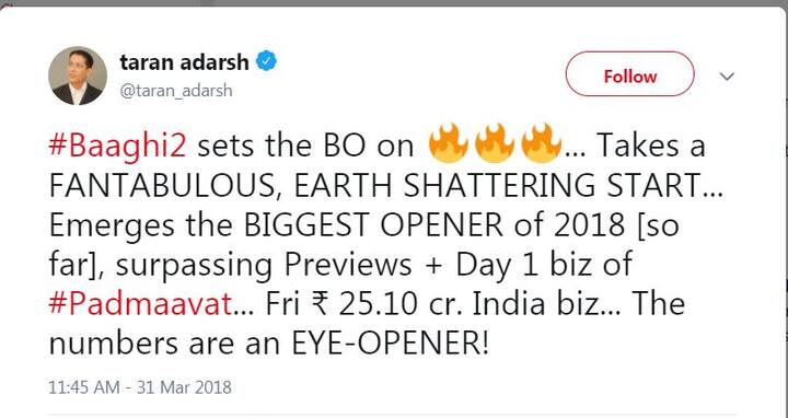 मार्केट एनालिस्ट तरण आदर्श ने इस फिल्म की कमाई के आंकड़े जारी किए हैं. इसके साथ ही तरन आदर्श ने ये भी बताया है कि 'टाइगर ज़िदा है' और 'बागी 2' जैसी फिल्में दिखाती हैं कि एक्शन मसाला फिल्मों का ट्रेंड कभी खत्म नहीं होगा.