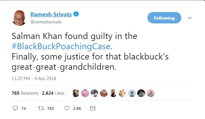 अपने सेंस ऑफ ह्यूमर के लिए मशहूर रमेश श्रीवत्स ने लिखा है कि सलमान को मिली इस सज़ा के साथ ही ब्लैक बक (काले हिरण) के  नाती-पोतों को मिला न्याय.