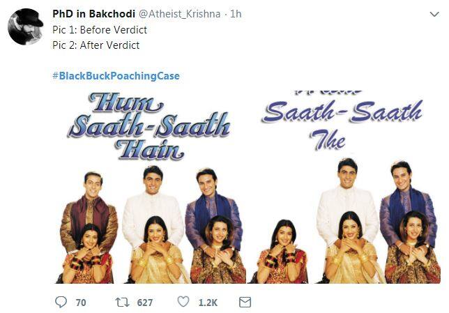 पीएचडी इन बकचोदी नाम के एक हैंडल ने दो तस्वीरों के सहारे इस फैसले के मज़े लिए हैं. इसमें इस यूज़र ने फैसले के उस पार्ट का इस्तेमाल किया है जिसमें सलमान के अलावा बाकियों बरी कर दिया गया.