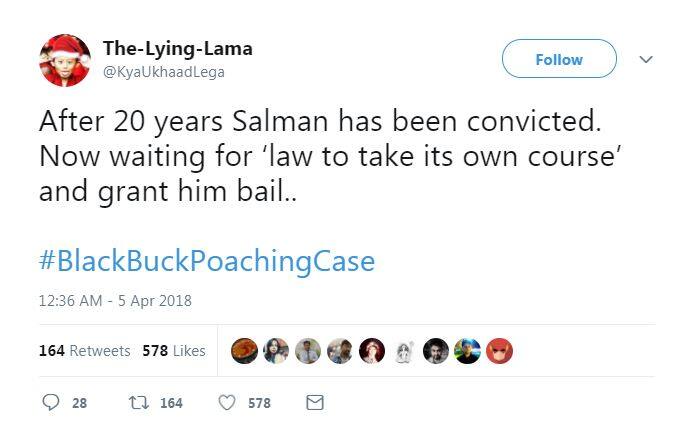 द लाइंग लामा ने लिखा है कि सलमान को सज़ा मिलने में लगे इतने लंबे वक्त के बाद उन्हें इस बात का इंतज़ार है कि उन्हें बेल देने में कोर्ट कितना कम समय लगाता है.