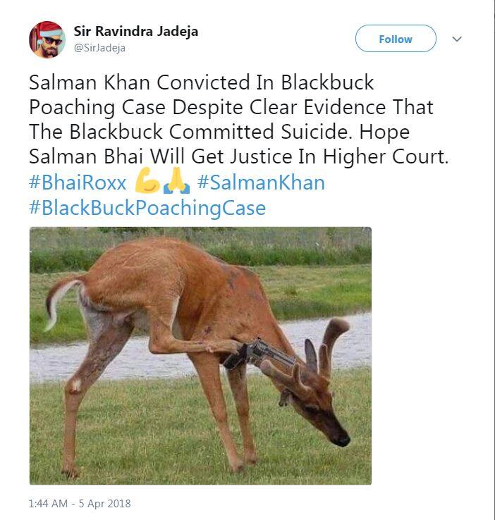 सर जडेजा नाम के एक हैंडल ने लिखा- इस बात के साफ सबूत हैं कि हिरण ने आत्महत्या की थी, बावजूद इसके सलमान को सज़ा दी गई. हम मामले में न्याय की उम्मीद करते हैं.