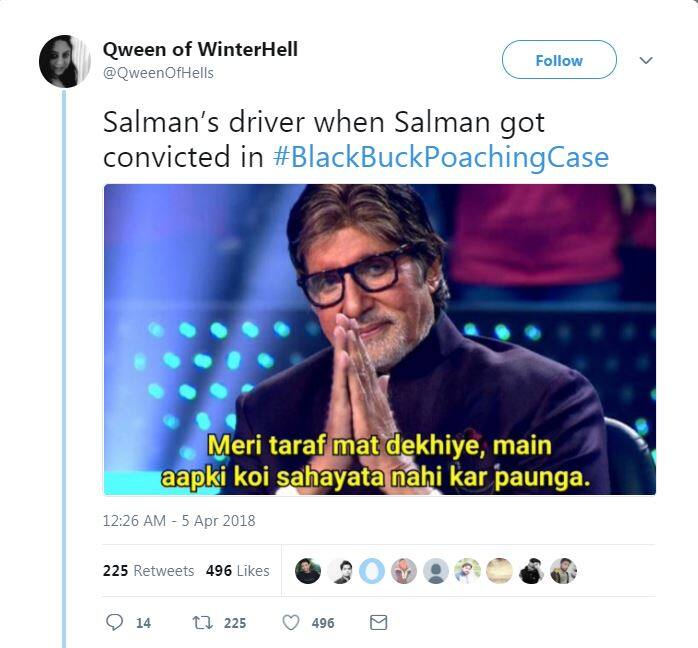 वहीं गेम ऑफ थ्रोन्स के एक कैरेक्टर के नाम से बनाए गए हैंडल क्वीन ऑफ विंटरफेल ने ट्वीट किया कि सज़ा के बाद सलमान के ड्राइवर की यही प्रतिक्रिया होगी.