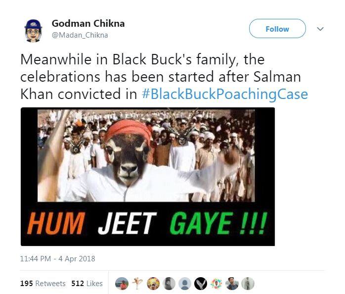 इस यूज़र का कहना है कि सलमान को मिली सज़ा के बाद ब्लैक बक की फैमिली कुछ इस तरह से सेलिब्रेट कर रही है.